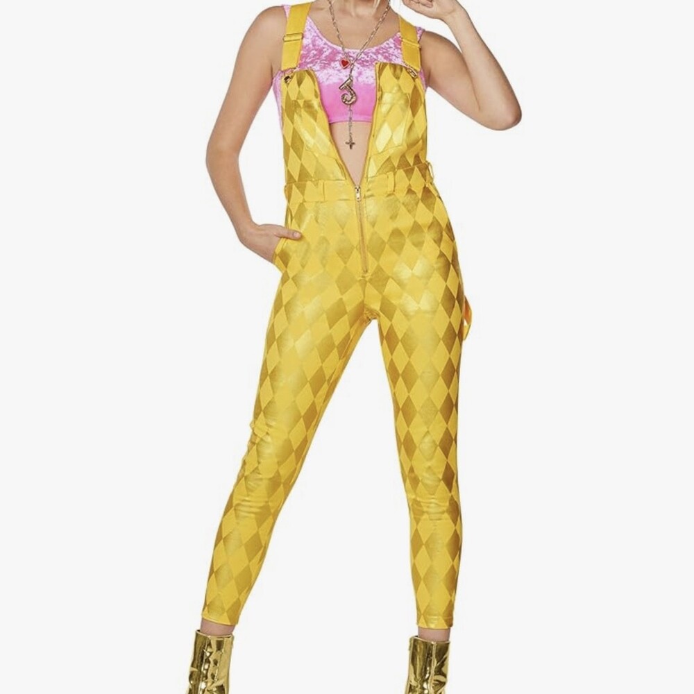 Yellow Diamond-Print Satin Overalls with Front Zip